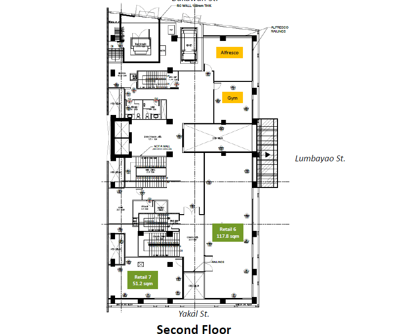 Second floor retail plan showing Retail 6 at 117.8 sqm and Retail 7 at 51.2 sqm, fronting Yakal Street and Lumbayao Street